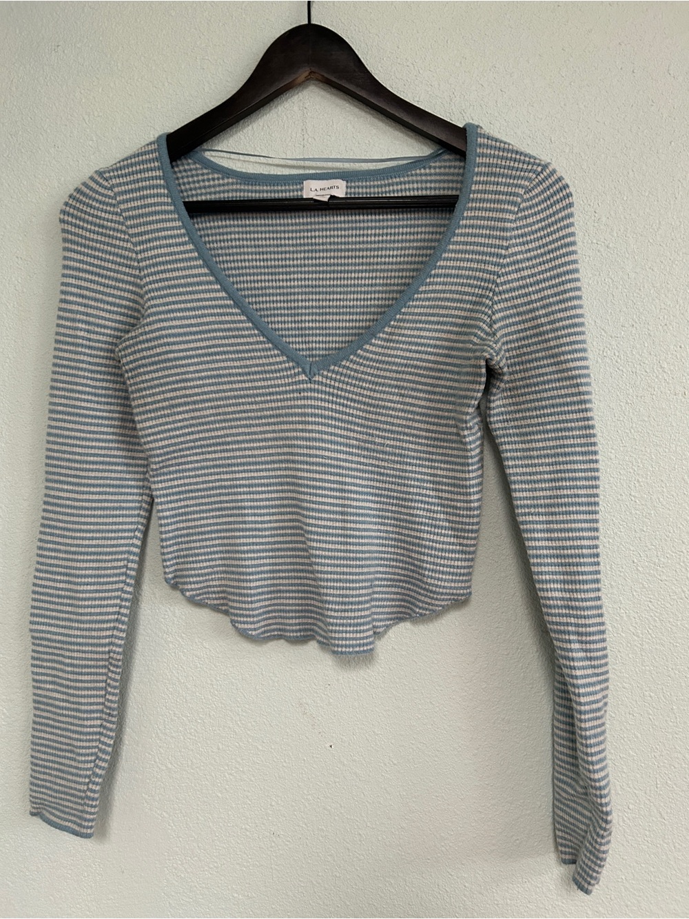 La Hearts Blue & White Striped V-Neck Long Sleeve Top